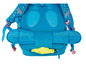 Een blauwe rugzak met roze details en een mesh rugpand