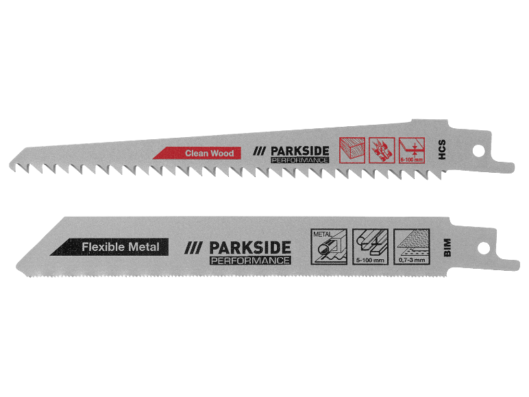Twee Parksid Performance decoupeerzaagbladen: één voor schoon hout en één voor flexibel metaal.