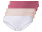 Een set van vier damesonderbroeken in wit, beige en roze.
