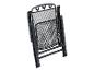 Zwarte metalen klapstoel met decoratieve rugleuning, opgevouwen