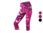 Dames 3/4 legging met roze marmerpatroon en drie kleurstalen.