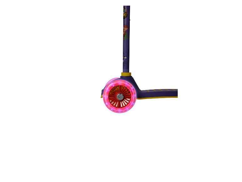 Paarse kinderstep met roze lichtgevende wielen en dinosaurusmotieven.