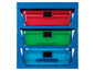 Een stapelbare opbergboxen met drie laden voor LEGO-stenen in rood, groen en blauw.