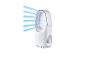Witte bladeless ventilator met blauwe luchtstroom en paars licht