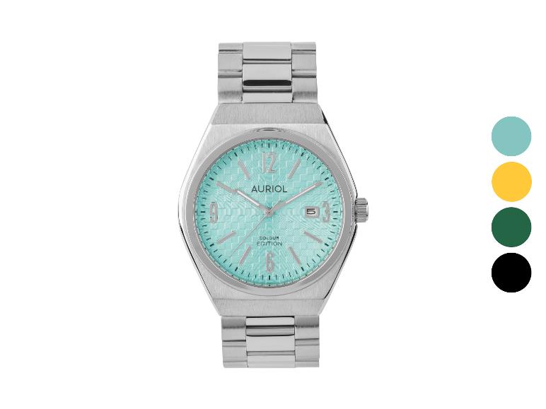 Een zilveren Auriol-horloge met een turquoise wijzerplaat.