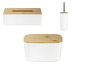 Een witte tissuehouder, broodtrommel en toiletborstel met bamboe deksels.