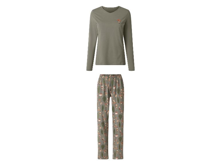 Damespyjama met olijfgroen shirt met lange mouwen met paddenstoel en bedrukte broek.