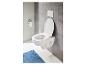 Wit hangend toilet met deksel en spoelknop in een moderne badkamer.