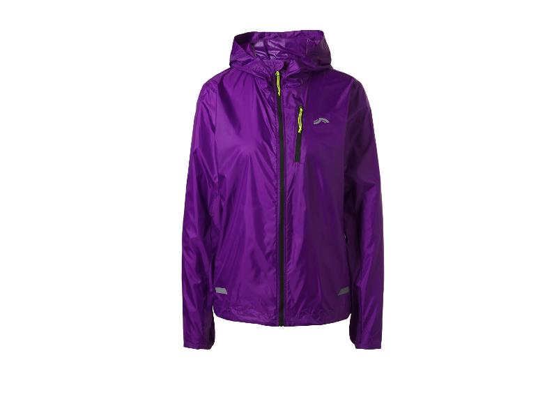 Paarse windjack met capuchon en rits.