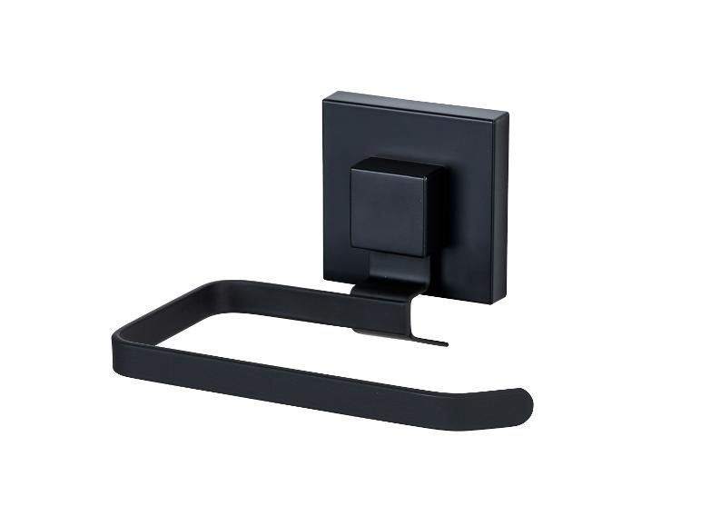 Zwarte matte wandbevestigde toiletpapierhouder.