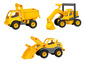 Gele speelgoedvoertuigen, waaronder een vrachtwagen, een graafmachine en een shovel.