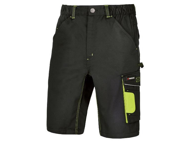 Zwarte werkshort met gele accenten en Parkside logo.