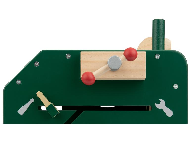 Groen houten speelgoed met rode hendel en gereedschap.