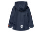 Een donkerblauwe softshell jas met capuchon voor kinderen.