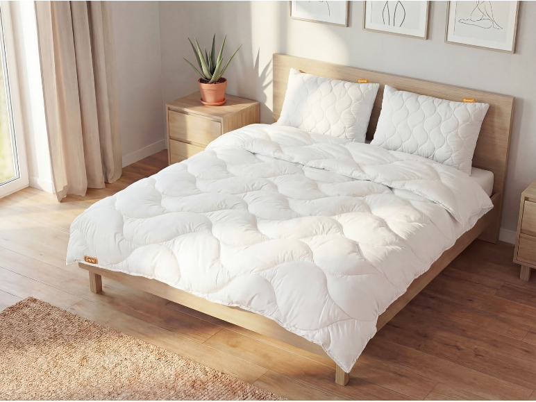Slaapkamer met wit dekbed en kussens, houten bed en nachtkastje met plant.