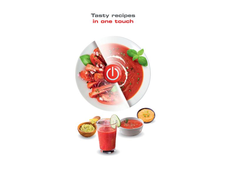 Tomatensalade die verandert in soep met een aan/uit-knop, omringd door andere gerechten.