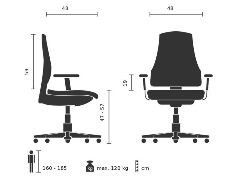 Zwarte bureaustoel met armleuningen, zij- en vooraanzicht, met afmetingen.