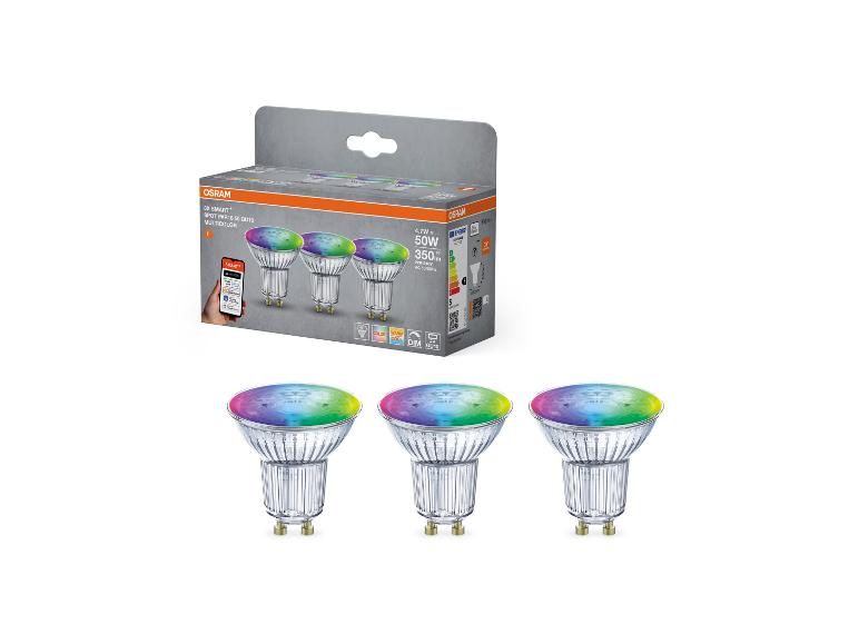 Drie slimme, veelkleurige GU10 LED-spots in verpakking, 4.7W, 350lm.