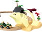 Dinosaurus-thema houten treinset met een jeep, dinosaurusfiguren en een grot.