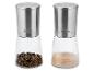 Twee kruidenmolens van roestvrij staal en glas, één met peper, de andere met zout.