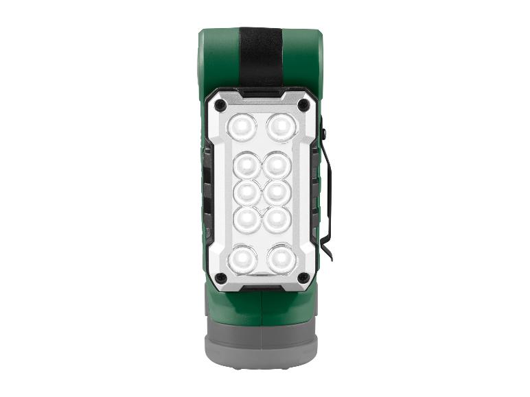 Groene en grijze LED-werklamp met zwarte band en riemclip