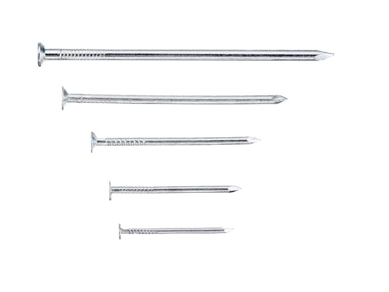 Assortiment metalen spijkers in verschillende maten, verticaal gerangschikt.