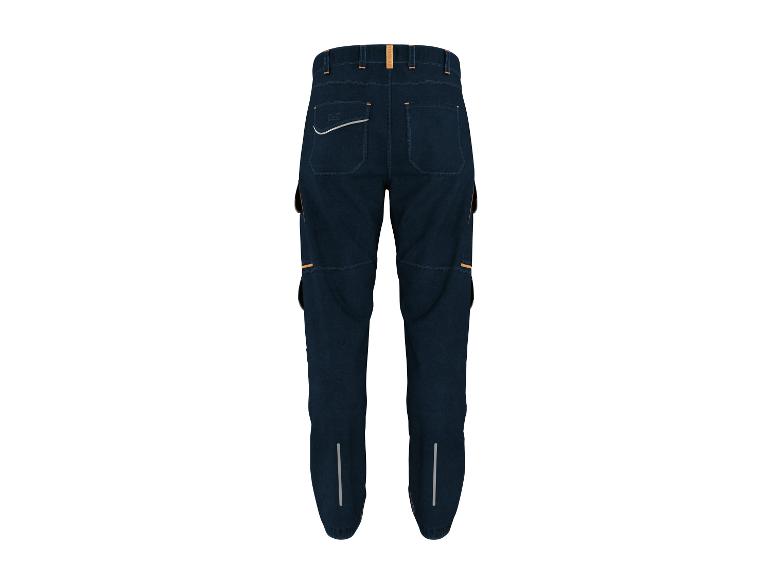 Donkerblauwe werkbroek met oranje details en reflectoren, achteraanzicht