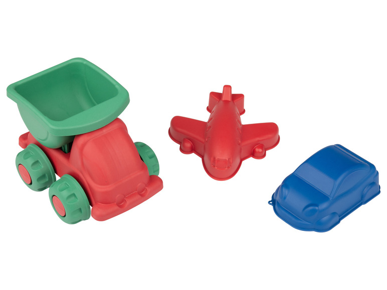 Een rode vrachtwagen met groene bak, een rood vliegtuig en een blauwe auto.