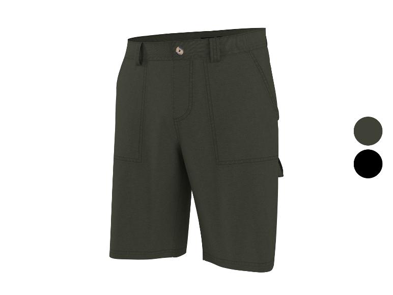 Donkergroene shorts met zakken en een knoop, met donkergroene en zwarte kleurstalen.