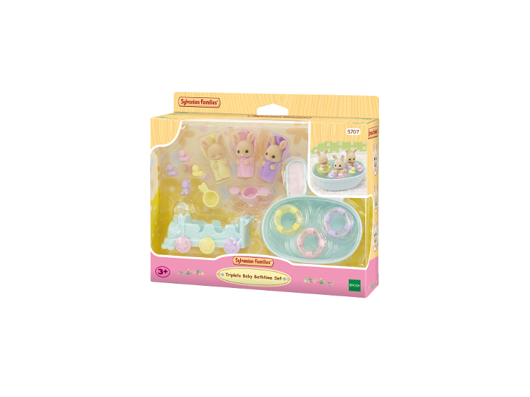 Drieling baby badtijd set met konijnenfiguren, badkuip en accessoires.