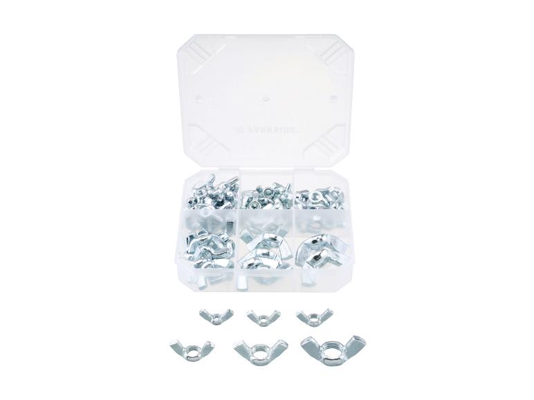 Een doorzichtige plastic opbergdoos gevuld met zilveren vleugelmoeren in verschillende maten, met meer vleugelmoeren eronder.
