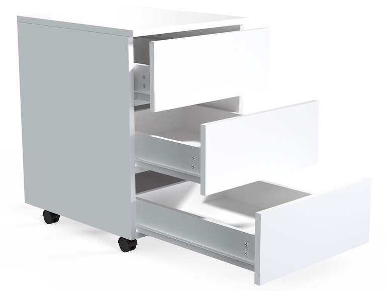 Een wit bureau met drie laden op wielen