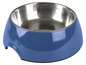 Een blauwe honden- of kattenbak van roestvrij staal