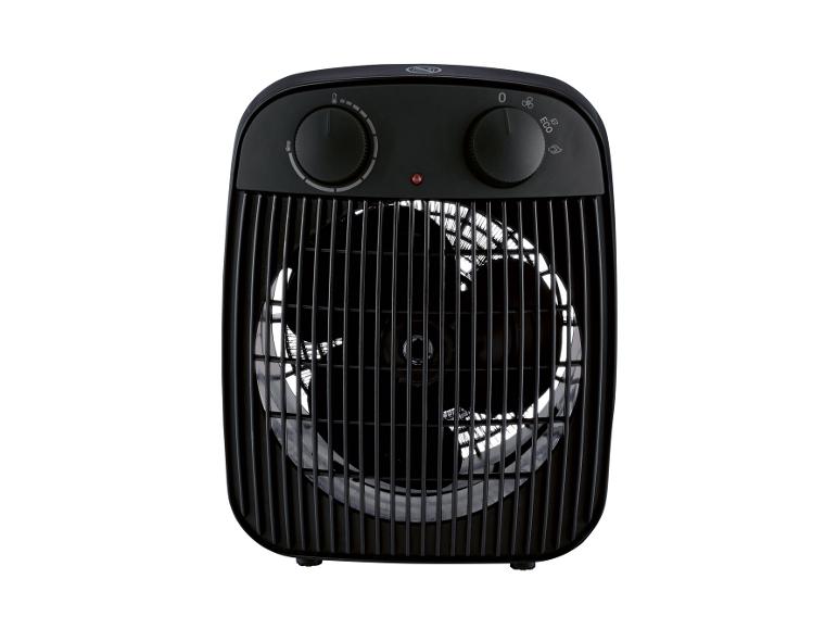 Zwarte elektrische ventilatorkachel met twee bedieningsknoppen en een rood indicatielampje.