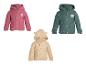 Drie babyvestjes met capuchon: roze met bloem, groen met beer, beige met konijn.
