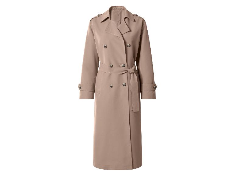 Lange beige double-breasted trenchcoat met strikceintuur.