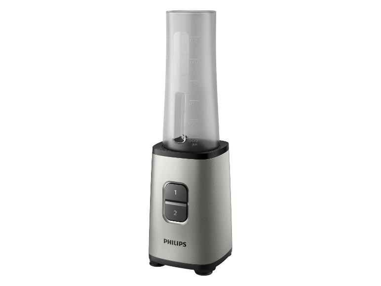 Philips blender met twee knoppen en maatverdeling op de transparante container.