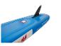 Blauw opblaasbaar stand-up paddleboard met vin en afmetingen 320cm x 84cm x 15cm.