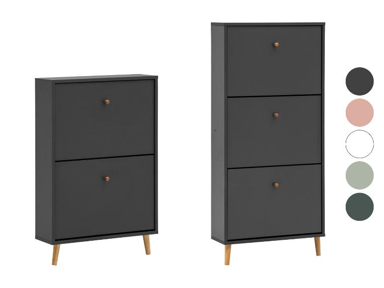 Twee donkergrijze schoenenkasten met houten handgrepen en poten, met kleurstalen.