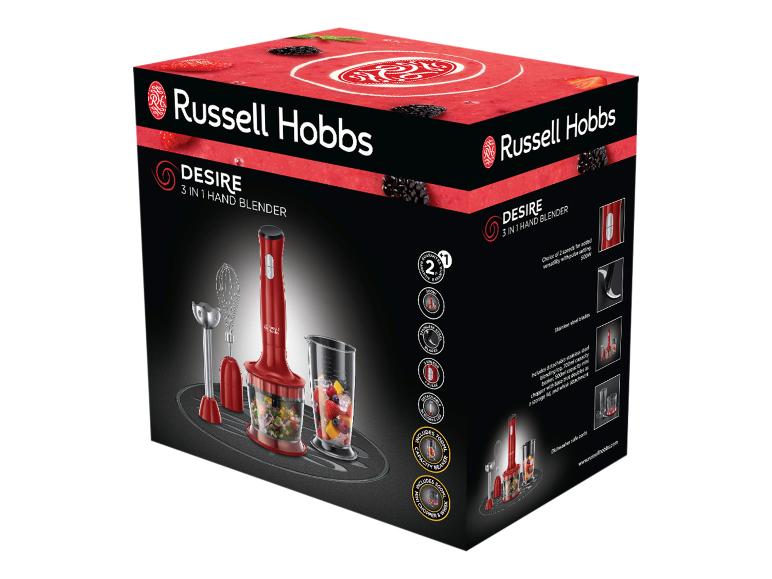 Verpakking voor een rode Russell Hobbs Desire 3-in-1 staafmixer.