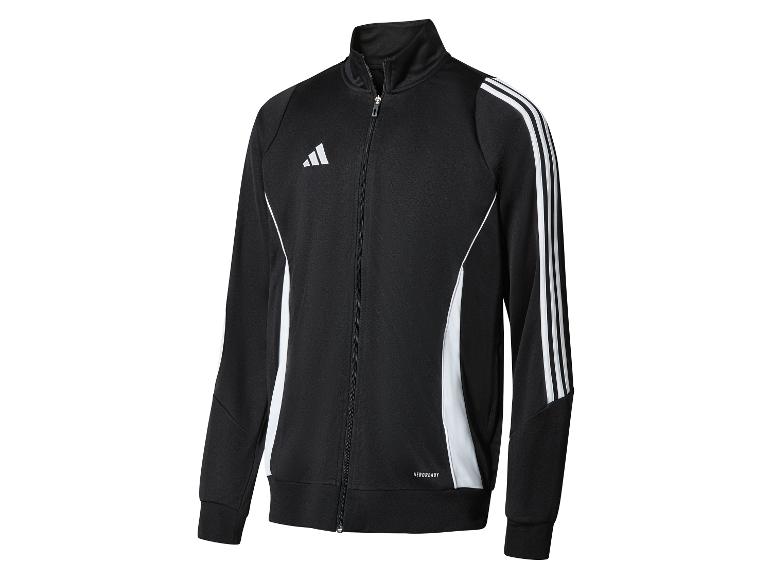Zwarte Adidas trainingsjack met rits, witte details.