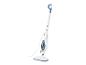 Witte en blauwe stoommop met lange steel en snoer.