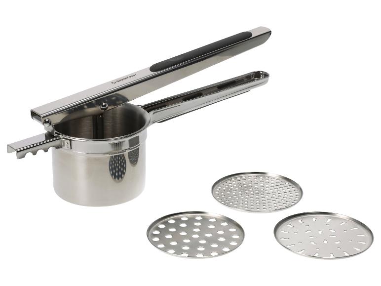 Silvercrest roestvrijstalen aardappelpers met drie verwisselbare schijven.