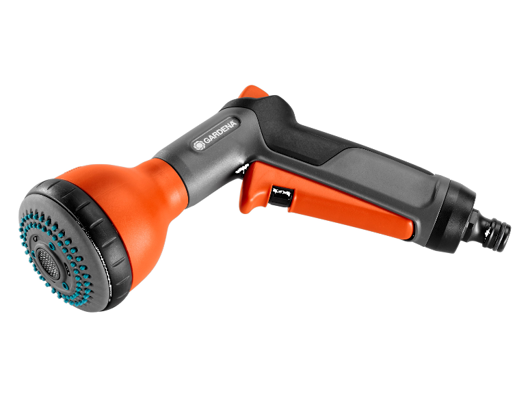 Gardena sproei-pistool, oranje en grijs.