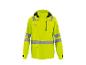 Fluorescerende gele jas met reflecterende strepen en capuchon.
