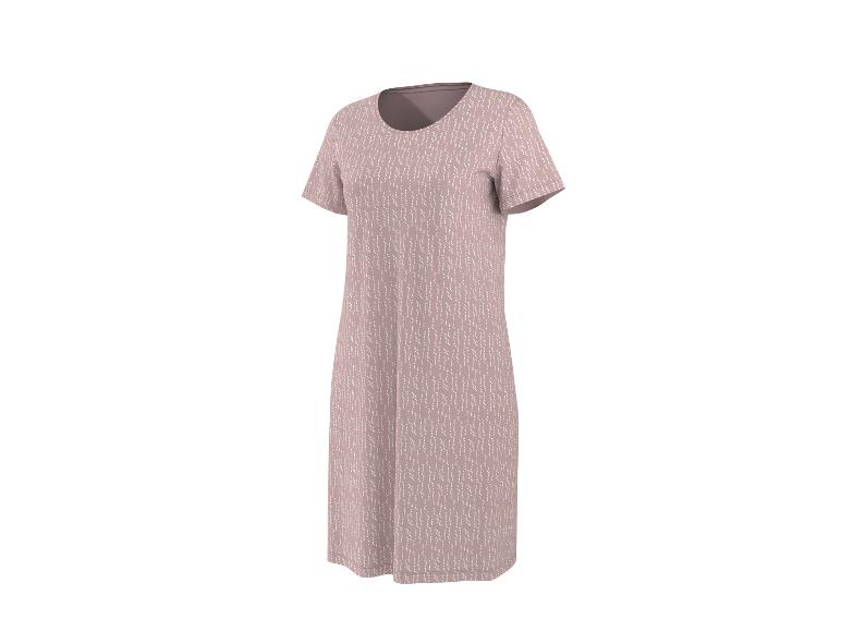 Damesjurk in mauve met wit stippenpatroon, korte mouwen en een ronde hals.