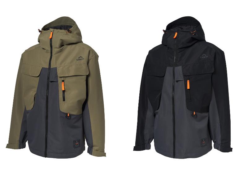 Twee heren outdoorjassen, één olijfgroen en donkergrijs, de andere zwart en donkergrijs.