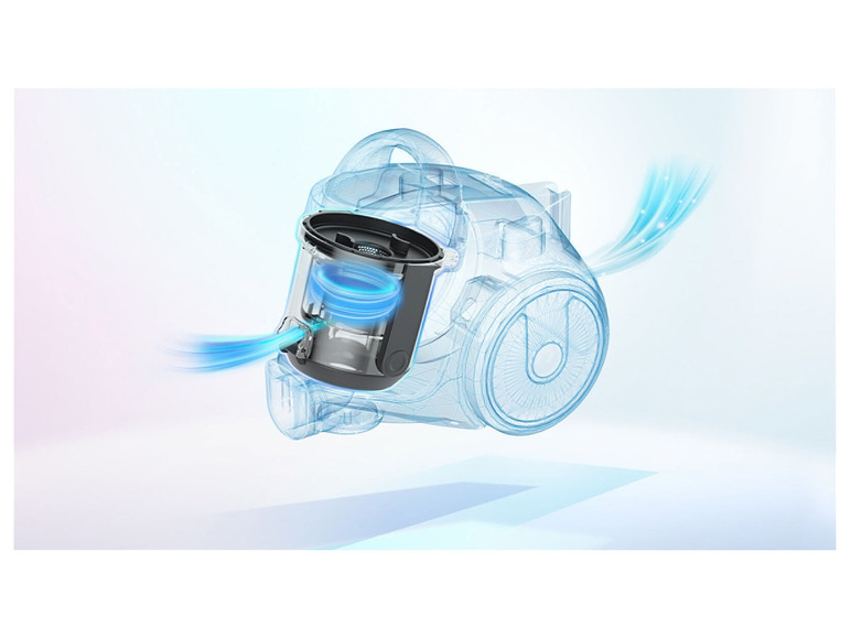 Een schematische weergave van een stofzuiger met nadruk op het filter en de luchtstroom.