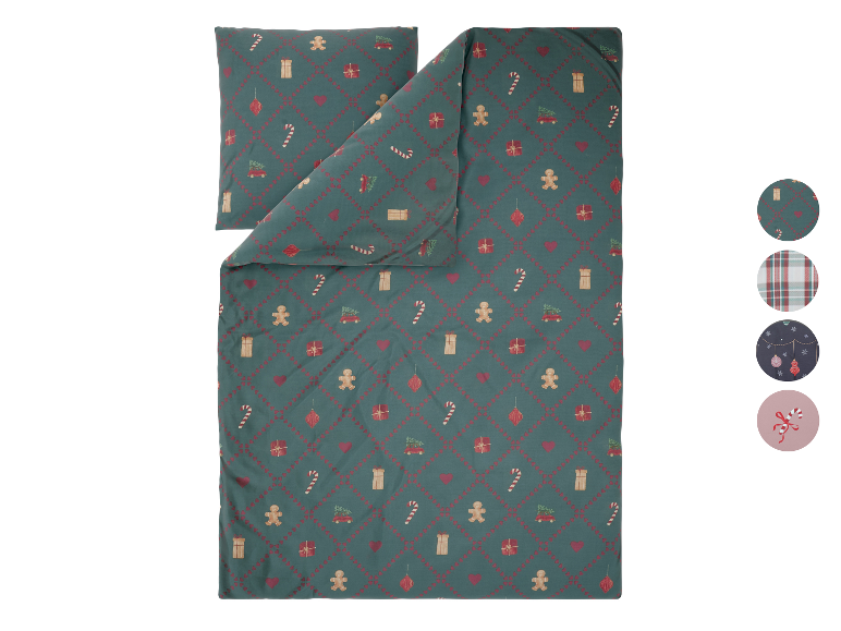 LIVARNO® microvezel satijnen beddengoed met kerstmotieven en hartjes.