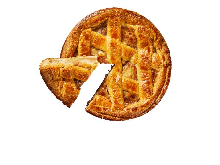Gouden appeltaart met een uitgesneden stuk, bovenaanzicht.